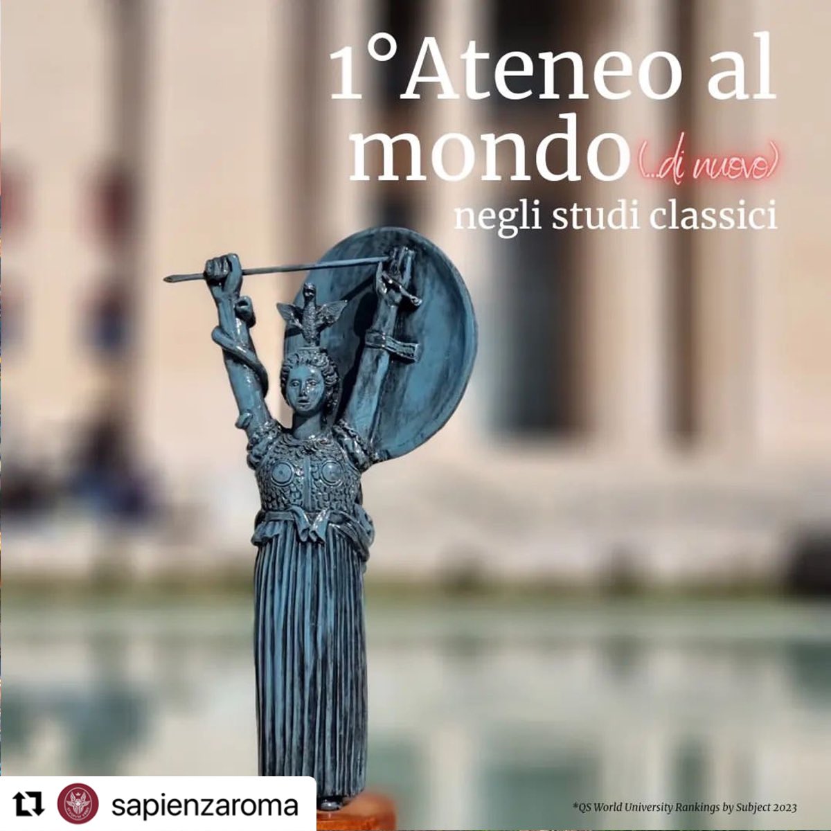 📸🥇Primi al mondo, per la terza volta consecutiva, negli studi classici secondo i #QSwur by Subject 2023

Sapienza è inoltre prima in Italia in 14 diverse materie (tra cui Fisica, Psicologia, Statistica e Infermieristica)

[leggi su ➡️ bit.ly/sapienza-qs202…]

#orgoglioSapienza