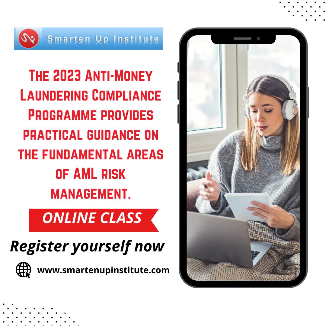 SmartenUpInst's tweet photo. The 2023 Anti-Money Laundering Compliance Programme provides practical guidance on the fundamental areas of AML risk management.

👉🏻👉🏻https://t.co/cqNVR5sksp              

#AML #certified #course #graduation #graduate #info #certification #smartenupinstitute #skills https://t.co/ZCTrSCmUTi