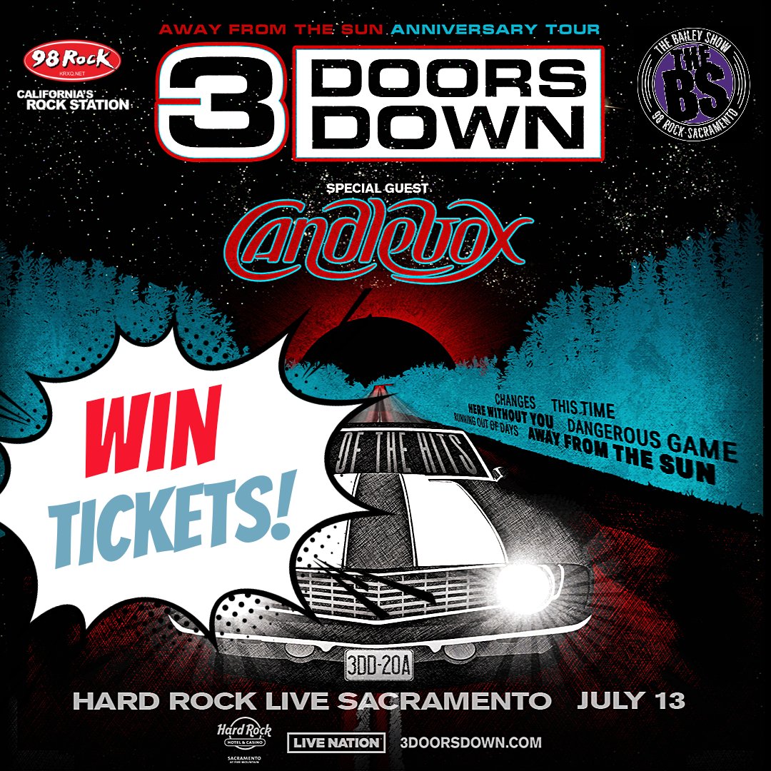 98 Rock (@Sacs98ROCK) on Twitter photo 2023-03-22 21:55:28 TUNE IN TODAY from 3p-7p for your chance to win! The BS has your shot at two tickets to see @3doorsdown with @candlebox on July 13th at the Hard Rock Live in Sacramento🤘🏼 Details at: audacy.com/krxq/contests/… 📸: Live Nation #Wednesdayvibe TUNE IN TODAY from 3p-7p for your chance to win! The BS has your shot at two tickets to see @3doorsdown with @candlebox on July 13th at the Hard Rock Live in Sacramento🤘🏼 Details at: audacy.com/krxq/contests/… 📸: Live Nation #Wednesdayvibe