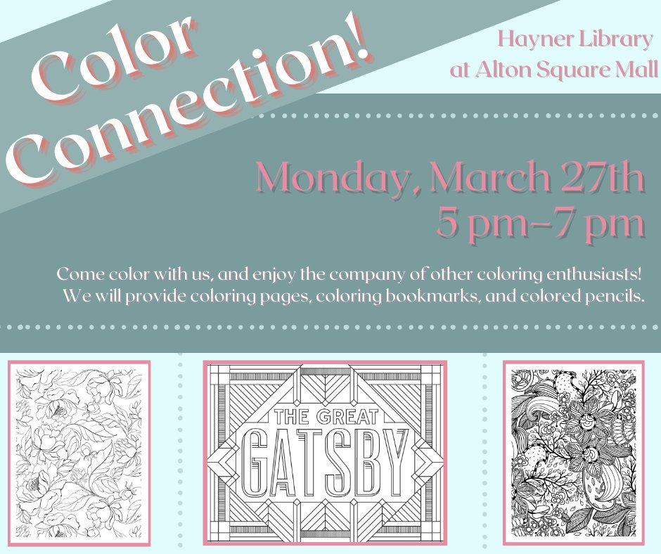 haynerlibrary's tweet photo. Stressed and need to relax? Hayner's got you covered at Color Connection, our adult coloring club! Stop by Monday evening and color to your heart's content- or until your inner child thrives!
#coloring #coloringclub #adultcoloring #altonillinois #library https://t.co/xgJQzJZ9k9