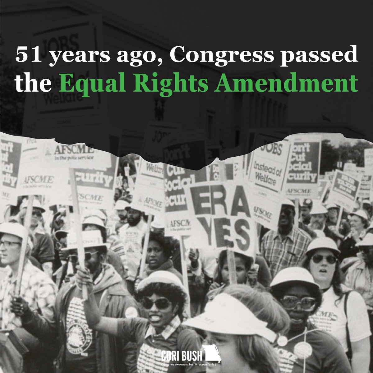 RepCori's tweet photo. #OTD 51 years ago, Congress passed the Equal Rights Amendment by more than 2/3rds vote.

100 years ago, the ERA was 1st introduced.

It's way past time for women, LGBTQ+ people, and all of us to be written directly into the U.S. Constitution. #ERANow https://t.co/8UGWpR8GtW