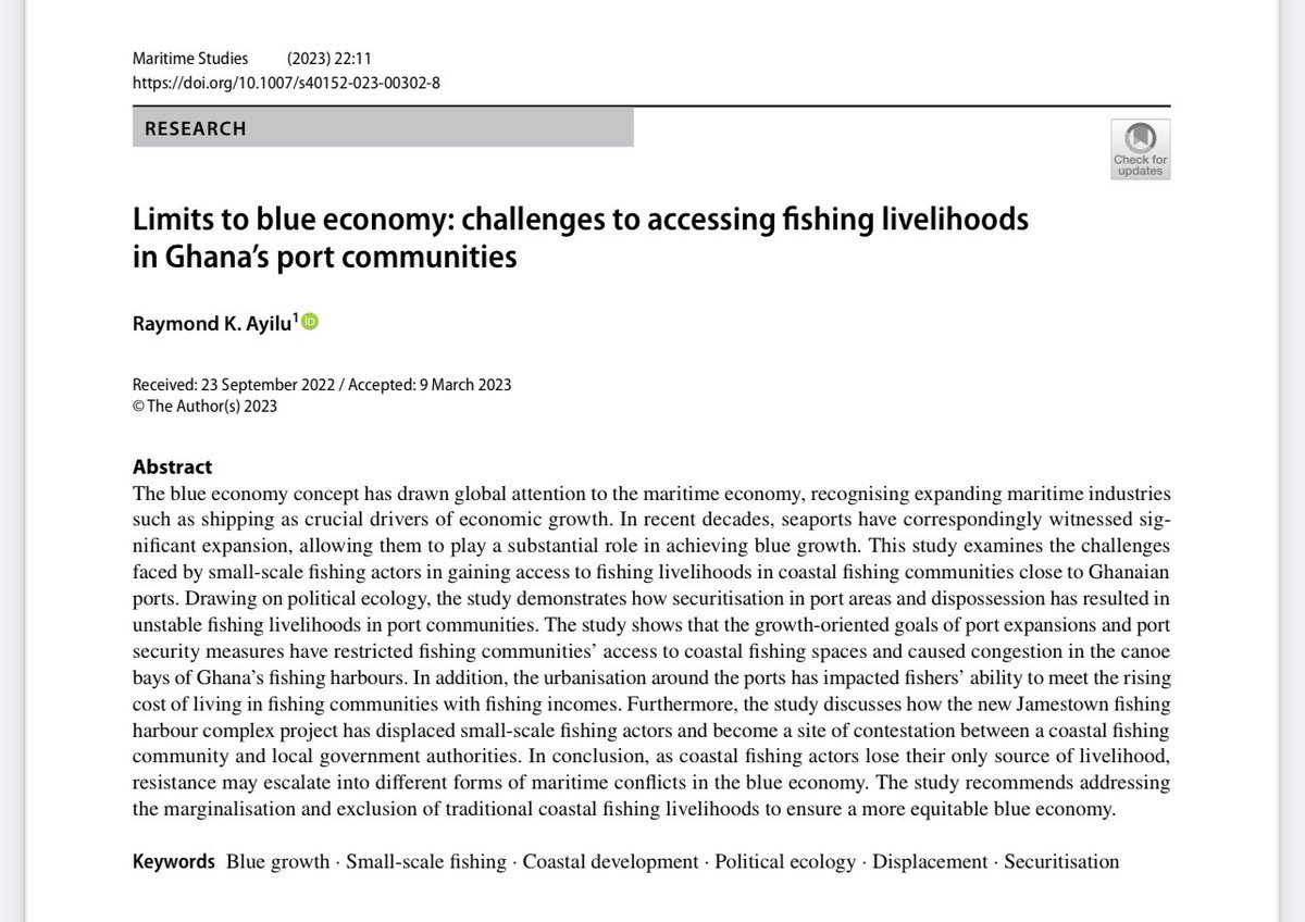I am excited to share my first sole-authored publication being the third paper of my PhD. In context of the growing #BlueEconomy, this paper examines the difficulties facing #SSF in Ghana's port communities. Free download for the next 50 days. Click link  doi.org/10.1007/s40152…