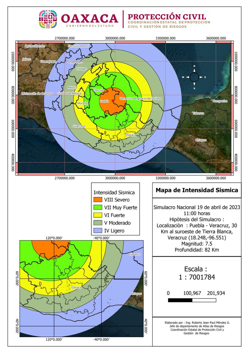 CEPCyGR_GobOax's tweet photo. A continuación, se muestra el Mapa que describe los niveles de intensidad percibida en cada estado con relación al epicentro de la hipótesis de sismo, de acuerdo con el “Primer Simulacro Nacional 2023”. 
#1erSimulacroNacional2023 #CEPCYGR https://t.co/1opWXE9cyA