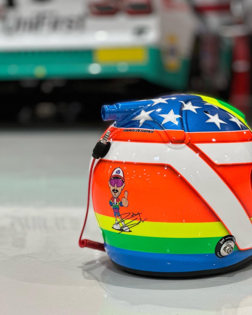 What a beauty. Making my NASCAR debut this weekend with a Jeff Gordon inspired helmet. The iconic rainbow design blended with my own. #NASCAR75 #TeamChevy