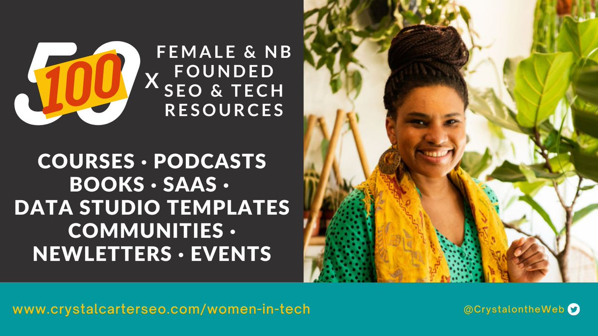 🤩OMG over 7.5k Followers!🥳Thanks y'all!

In honor of the occasion, I updated my directory to include EVEN MORE amazing SEO tools, podcasts, books &amp; resources, made by women &amp; NB folks. 

Check it out and enjoy!
crystalcarterseo.com/women-in-tech