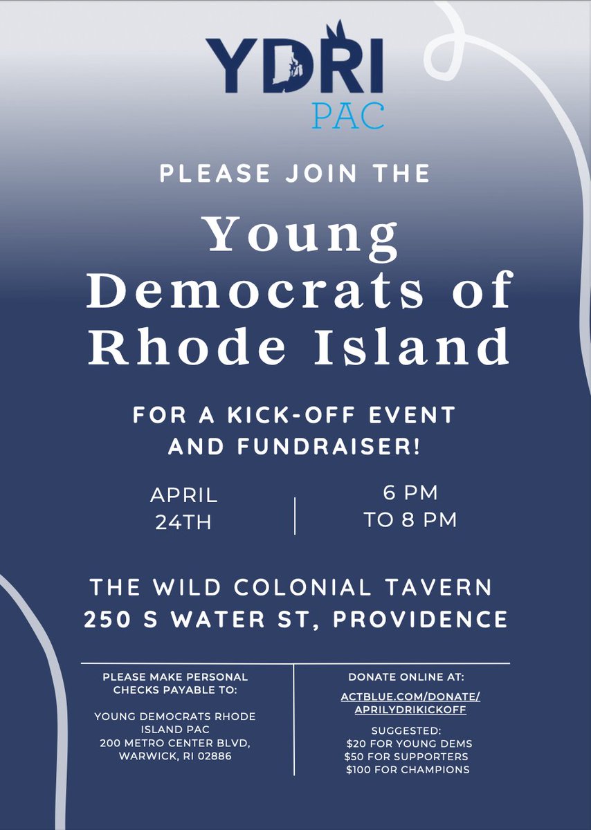 YoungDemsRI's tweet photo. Join the @youngdems of RI on April 24th at 6pm at the Wild Colonial Tavern for our kickoff fundraiser to support our mission of empowering young people across the state. https://t.co/JKD3TOSICY
