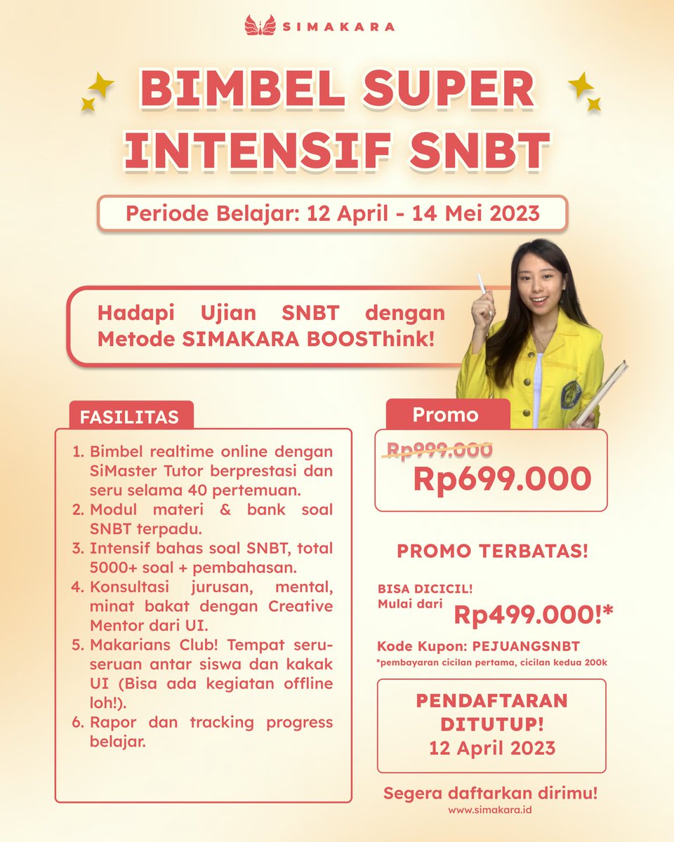 simakaraid's tweet photo. BIMBEL SUPER INTENSIF SNBT CUMA 700 RIBU?!😱
Yuk, segera daftarkan dirimu di https://t.co/c2fXIKXtso
#bimbelsnbt #bimbelutbk #bimbelsbmptn #utbk #sbmptn #snbt #simakara #snbt2023 #utbk2023 #sbmptn2023 https://t.co/CWYhveHbrf