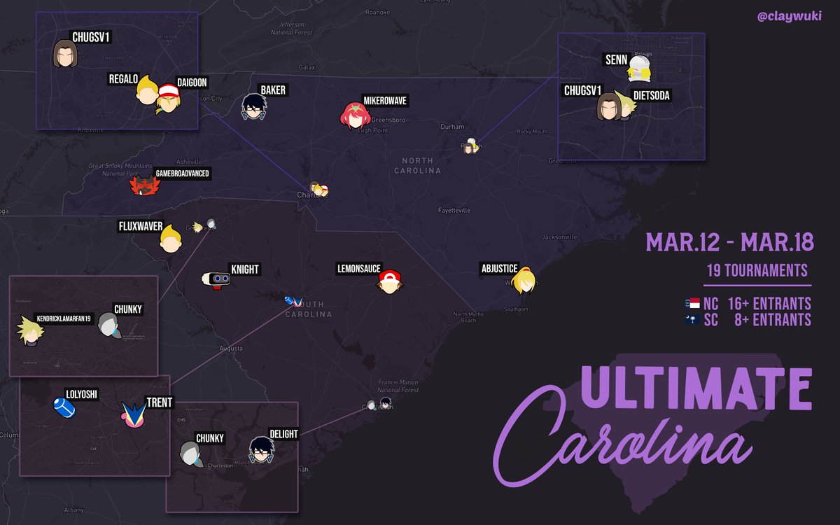 Smash Ultimate in the Carolinas Weekly Map

March 12th - March 18th

Data: @NCSmash_Hub <a href="/SCSmashBros/">South Carolina Smash Bros.</a>