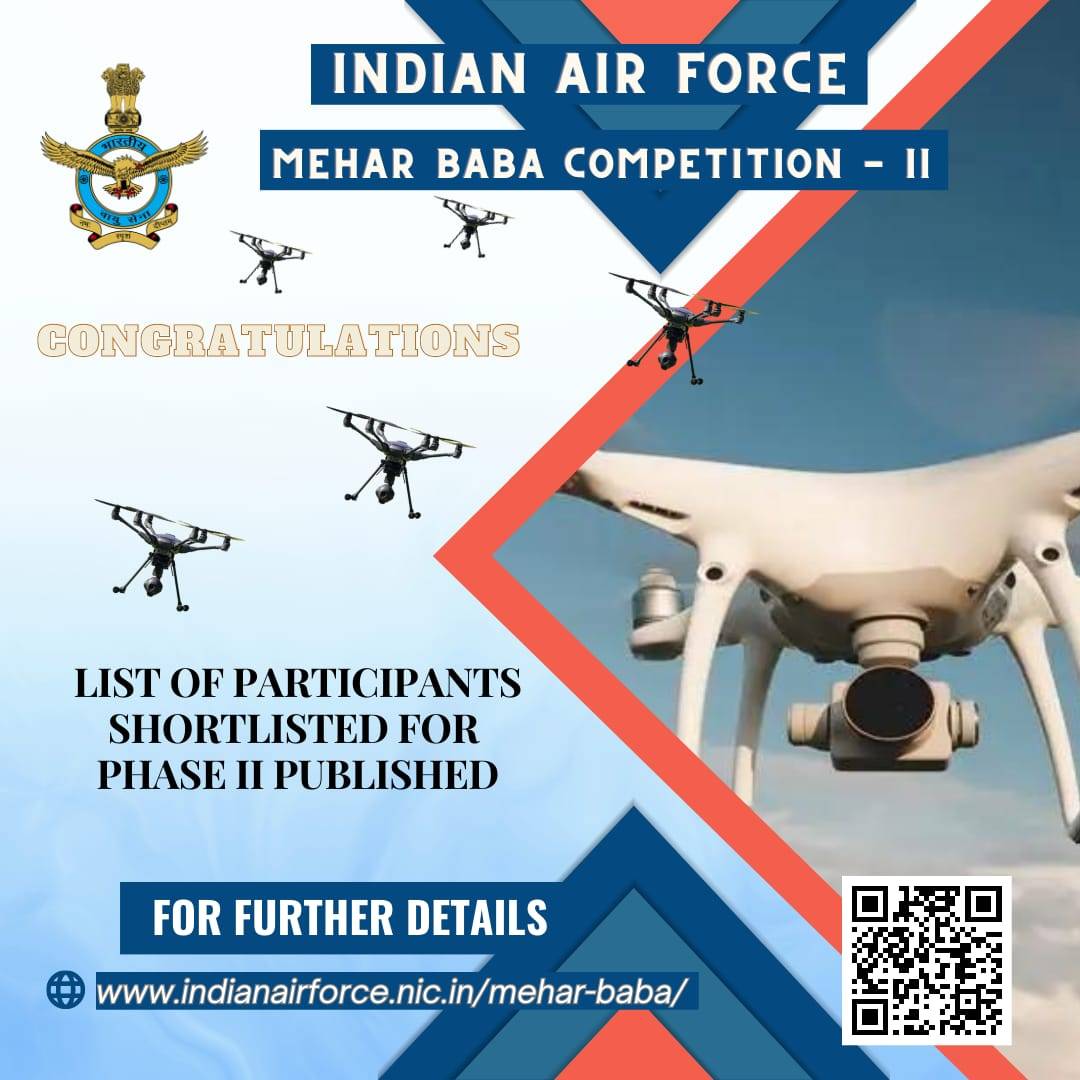 IAF_MCC's tweet photo. #IAF congratulates all the shortlisted participants selected for Phase-II of the Mehar Baba Competition - II.

For further details, visit https://t.co/iC09lphUn4 or scan the QR code. https://t.co/LwUYJsuQ3O