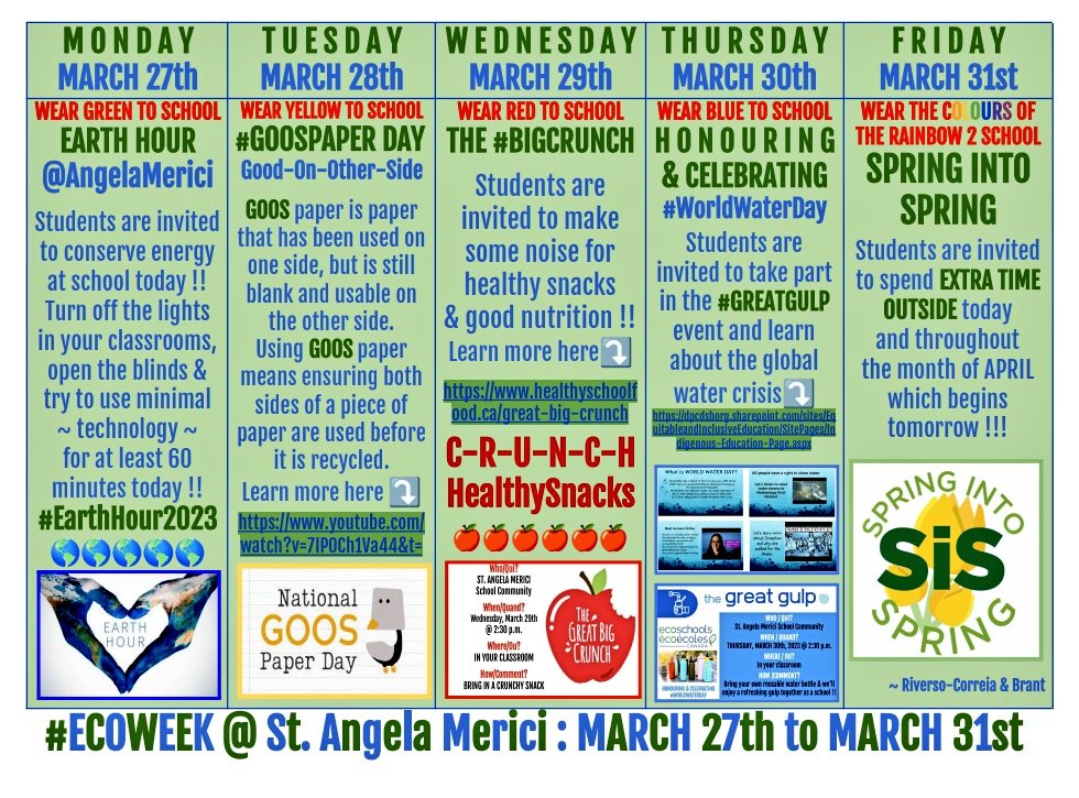 JRiversoCorreia's tweet photo. Another @mericiecoteam #EcoSpiritWeek is coming ur way @AngelaMericiDP peeps starting on Monday, March 27th ~ thanks for helping @mllebrant ♻️

We're CELEBRATING, HONOURING &amp; LEARNING more about #EarthHour #GoosPaper #BigCrunch #GreatGulp #WorldWaterDay2023 #SpringIntoSpring https://t.co/hs6TF3FhK0