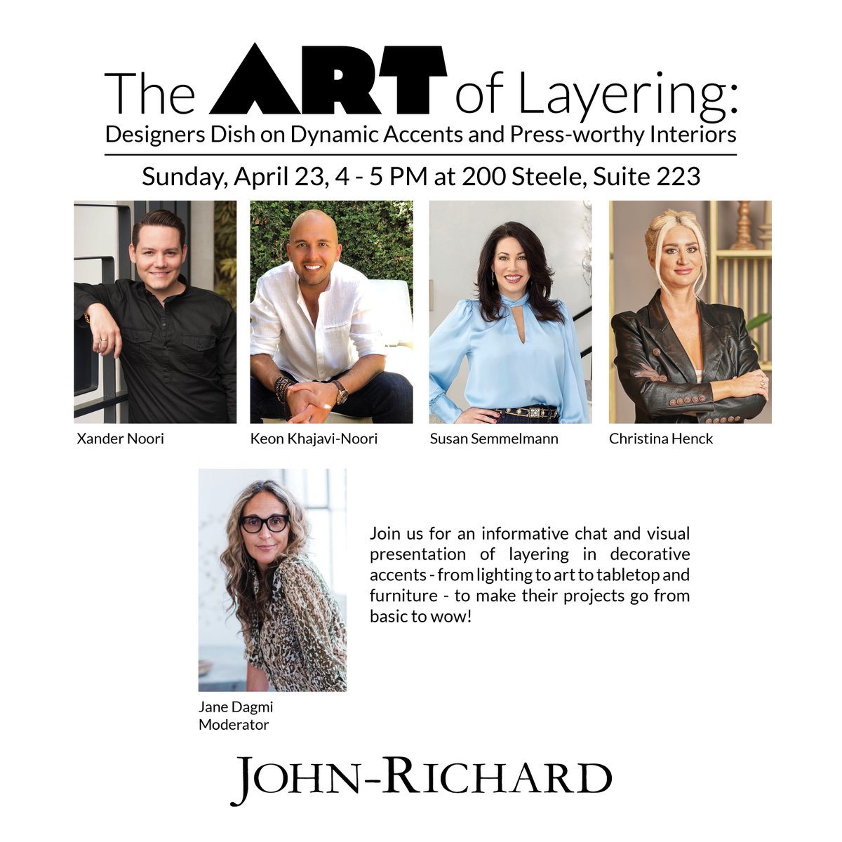 Our Art of Layering Event <a href="/hpmkt/">◎</a> is not to be missed! RSVP at bit.ly/3kYIkIx @JaneDagmi <a href="/Henckdesign/">Henck Design</a> Xander Noori <a href="/SemmelmannSusan/">Susan Semmelmann</a>
 #johnrichard #hpmkt #interiordesign #decor #dreamhome #layering