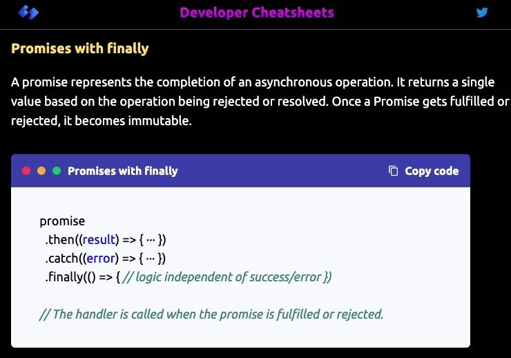 DevCheatsheets's tweet image. Promises in ES6 - daily dose of JS.

Web Dev cheatsheets @ developercheatsheets.com

#webdevelopment #developer #cheatsheets #javascript #programming #codingmemes