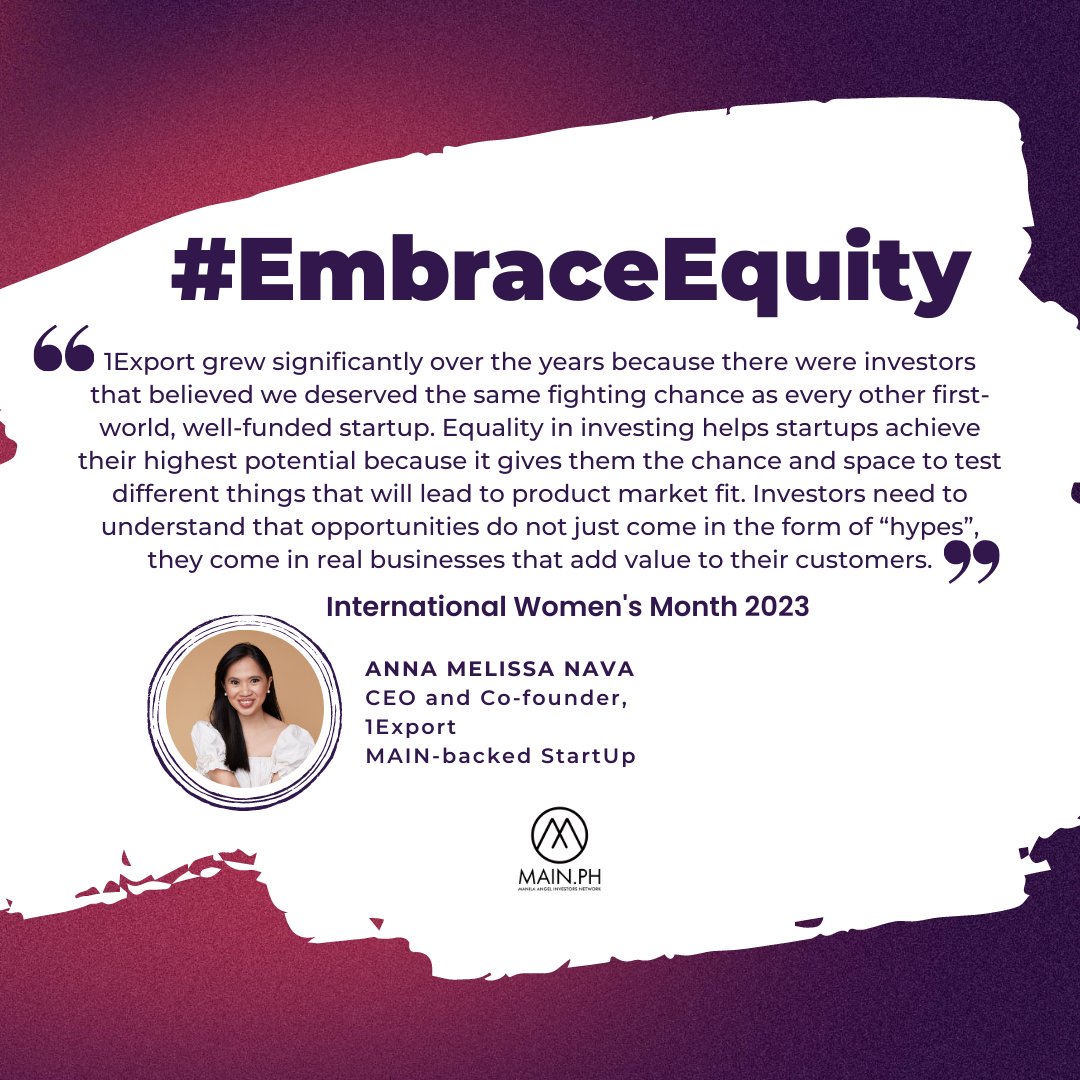 #equity is an always-on topic and here’s some thoughts from one of the #womenfounders we support at MAIN.

#genderlensinvesting #AngelInvesting #womeninbusiness #femalefounder #womenbusinessleaders #WomaninTech #WomanLeaders #WomanInStartups #Womanpreneur #phstartups