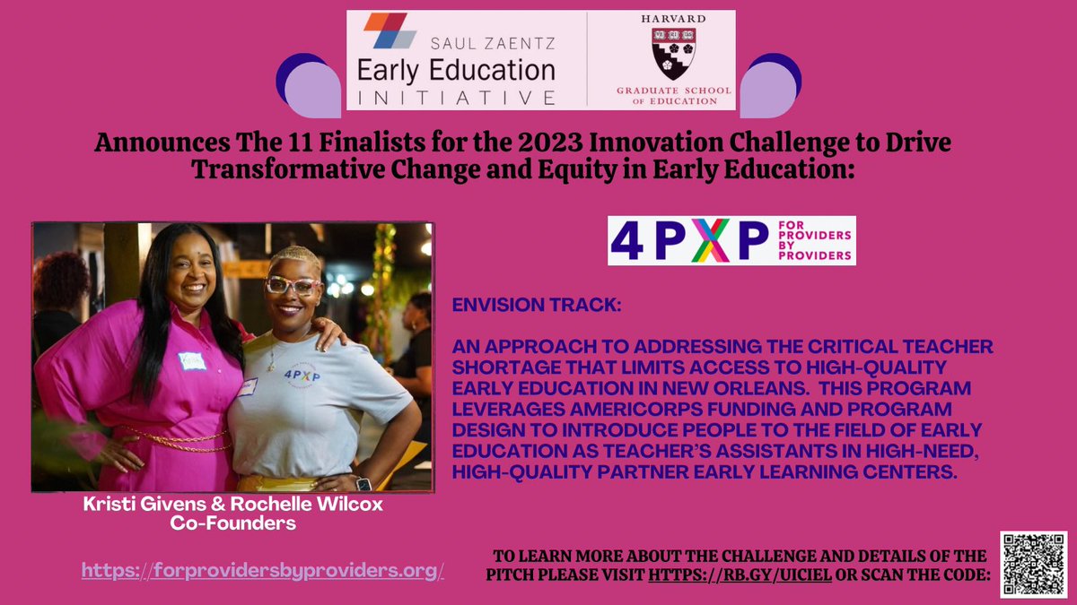 Congratulations Rochelle Wilcox! We are so excited that you (4PXP) were announced as a finalist in the 2023 Zaentz Early Education Innovation Challenge.  #IC2023 We can’t wait to watch you pitch and cheer you on. RB.GY/UICIEL #ECE #ECEVisionaryLeader