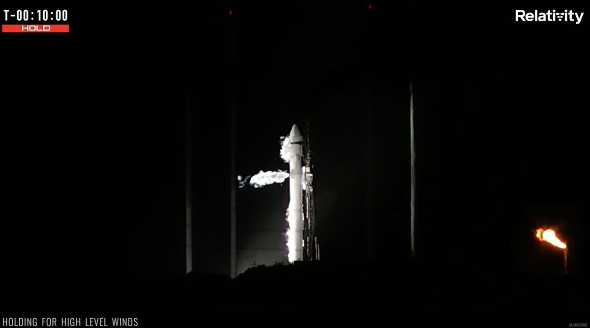T-minus 10 minutes and holding. Relativity Space is again holding the countdown at Cape Canaveral to wait for more upper level wind data.

The updated target launch time is 11:25pm EDT (0235 UTC).

Watch live: youtube.com/watch?v=eEQmDq…