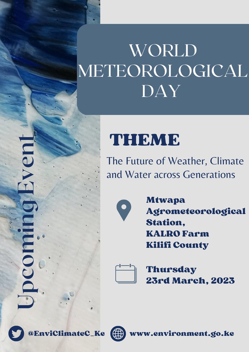 EnviClimateC_Ke's tweet photo. Happy #WorldMetDay
@Environment_Ke CS @HonTuya together with PS @Eng_F_Ngeno will be hosted by @KilifiCountyGov @GideonMungaroM for the event themed "𝗧𝗵𝗲 𝗙𝘂𝘁𝘂𝗿𝗲 𝗼𝗳 𝗪𝗲𝗮𝘁𝗵𝗲𝗿, 𝗖𝗹𝗶𝗺𝗮𝘁𝗲 &amp; 𝗪𝗮𝘁𝗲𝗿 𝗮𝗰𝗿𝗼𝘀𝘀 𝗚𝗲𝗻𝗲𝗿𝗮𝘁𝗶𝗼𝗻𝘀" at  KALRO Farm, Mtwapa https://t.co/I7xsPMcbF0