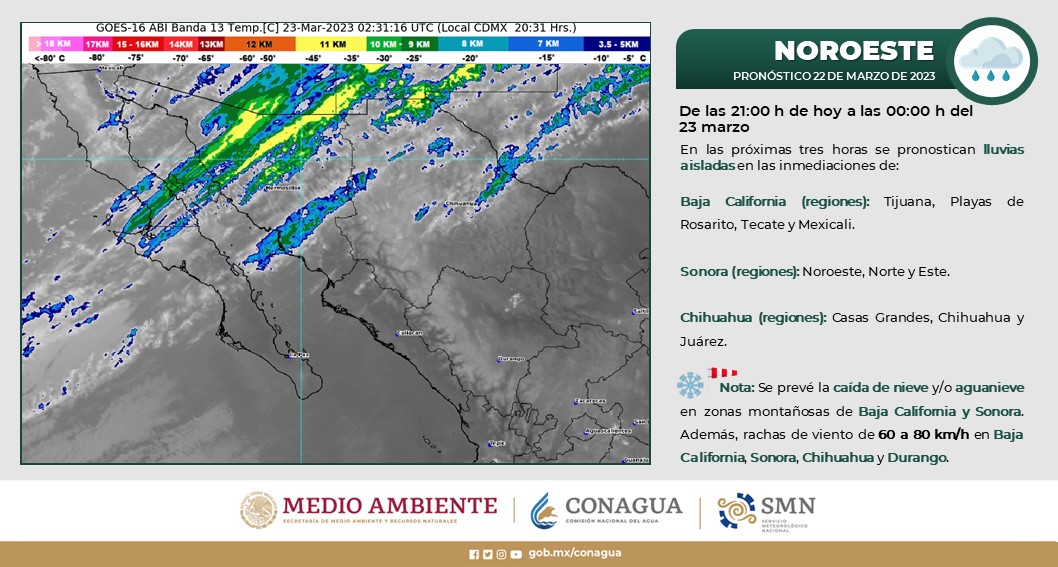 #Pronóstico de #Lluvias aisladas para esta noche en regiones de #BajaCalifornia, #Sonora y #Chihuahua; condiciones para caída de #Aguanieve o #Nieve en zonas montañosas de Baja California y Sonora y #Viento de 60 a 80 km/h en ambos estados, #Durango y #Chihuahua