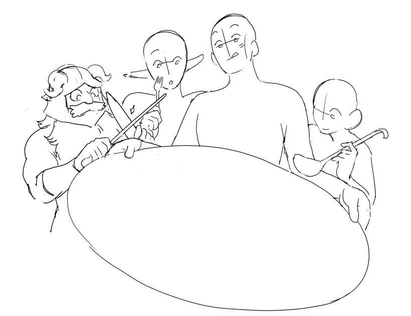 [wip] process from reference to lineart for this upcoming print! i needed a pic of someone holding a big platter and i couldn't find one that would work, so i cut some cardboard and took my own reference >:) 