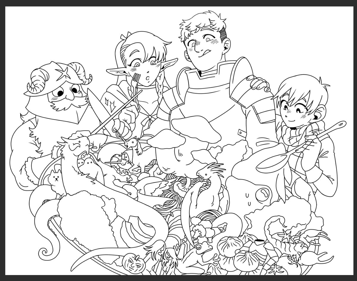 [wip] process from reference to lineart for this upcoming print! i needed a pic of someone holding a big platter and i couldn't find one that would work, so i cut some cardboard and took my own reference >:) 