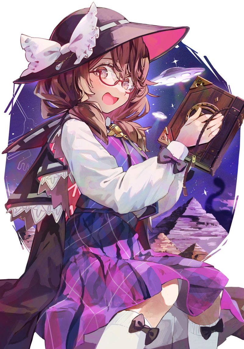 usami sumireko 1girl brown hair glasses hat solo plaid twintails  illustration images