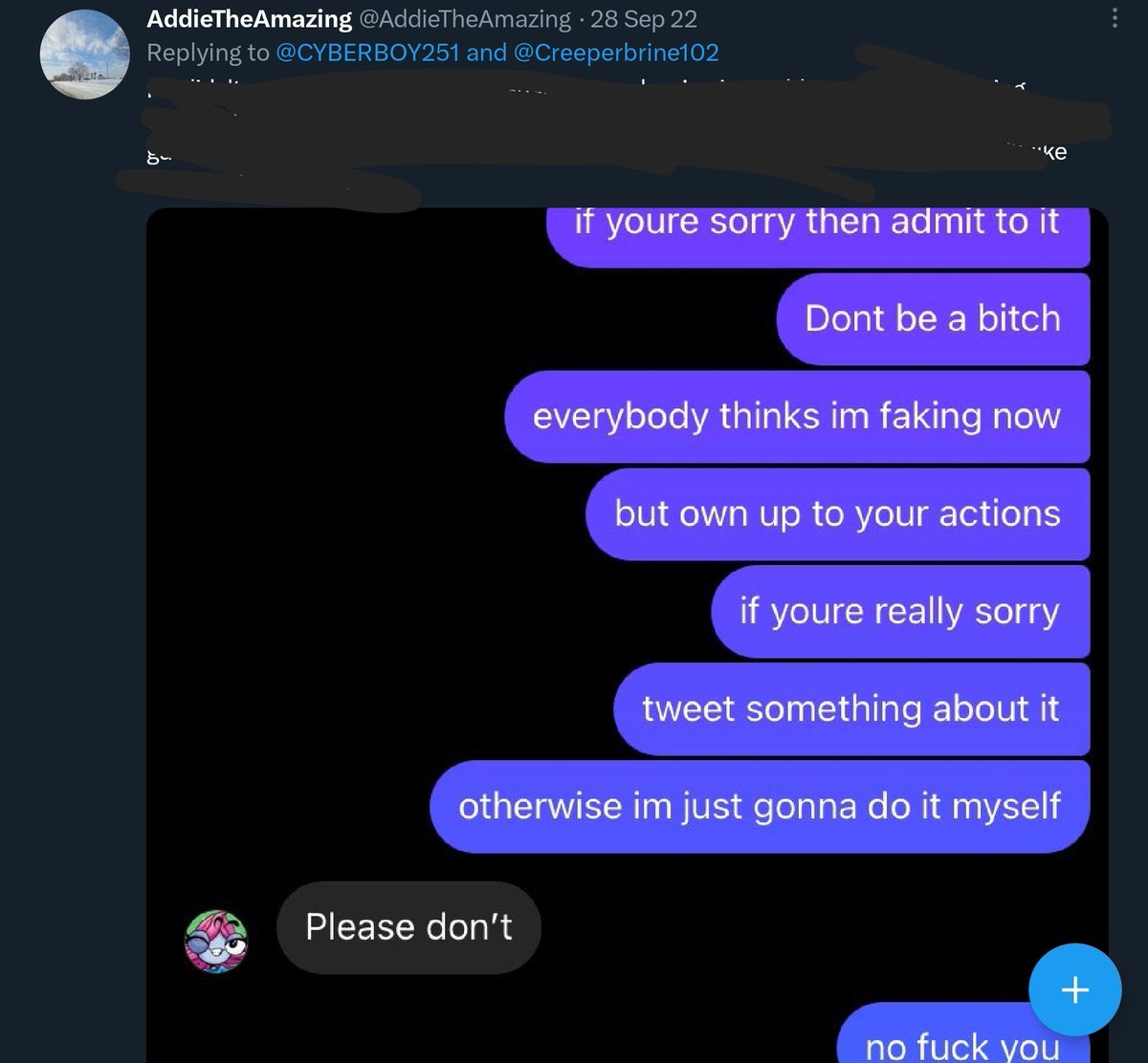 robert_keezy's tweet photo. @AddieTheAmazing @moon_mishka @MelloTommy_ @girlymello_ @marshmellosgf Addie: 
Also addie: 
🤡  Jesus you really are a special person aren't ya and posting dms isn't tos 🤣🤡 https://t.co/7BaTYQBkps