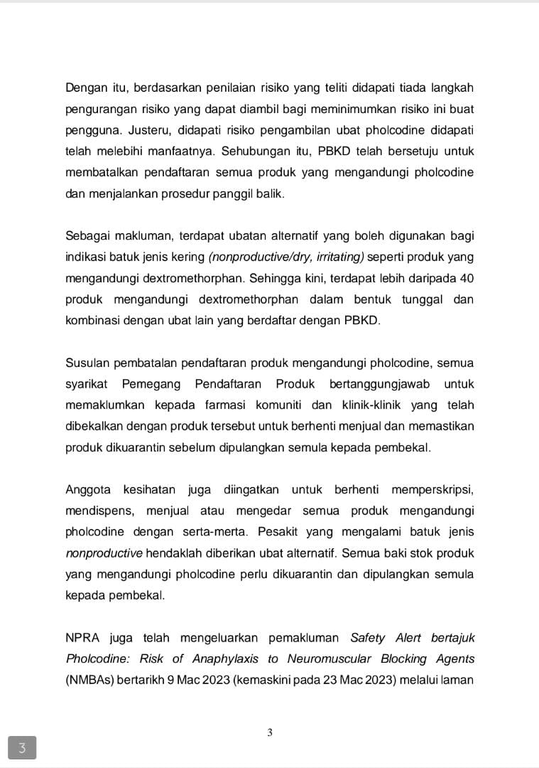 KKMPutrajaya's tweet photo. KENYATAAN MEDIA 
KEMENTERIAN KESIHATAN MALAYSIA
 23 MAC 2023 

📌PEMBATALAN PENDAFTARAN DAN PANGGIL BALIK BAGI SEMUA PRODUK YANG MENGANDUNGI PHOLCODINE BERIKUTAN RISIKO KESELAMATAN DIKESAN https://t.co/7zv8OjeO4v
