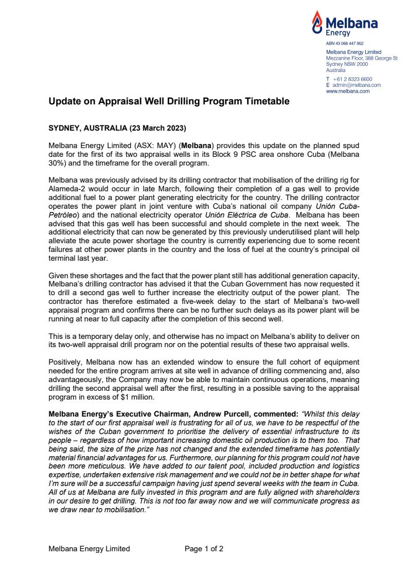 melbanaenergy's tweet photo. Update on Appraisal Well Drilling Program Timetable $MAY - https://t.co/WbYLVi8uPQ https://t.co/TILkF25kgY