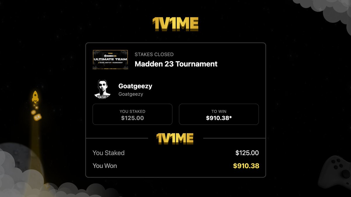 This 1v1Me user took a HUGE W tonight staking on @SL1MGhost's MUT GULAG 👀

$125 on <a href="/GoatGeezy/">GoatGeezy</a> to win $910 💰

Congrats to <a href="/GoatGeezy/">GoatGeezy</a> on the tourney win!