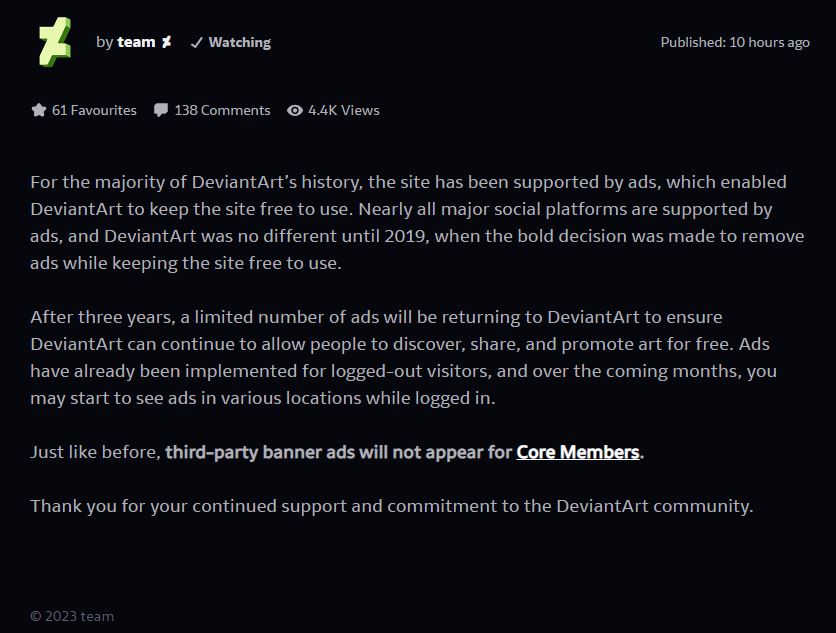 What's the matter DeviantART? Not making enough money after so many artists left your site when you backstabbed your community with DreamUp and sided with AI thieves and scammers drowning your platform? Did you think they would PAY for Core memberships? 🤣 Lmao