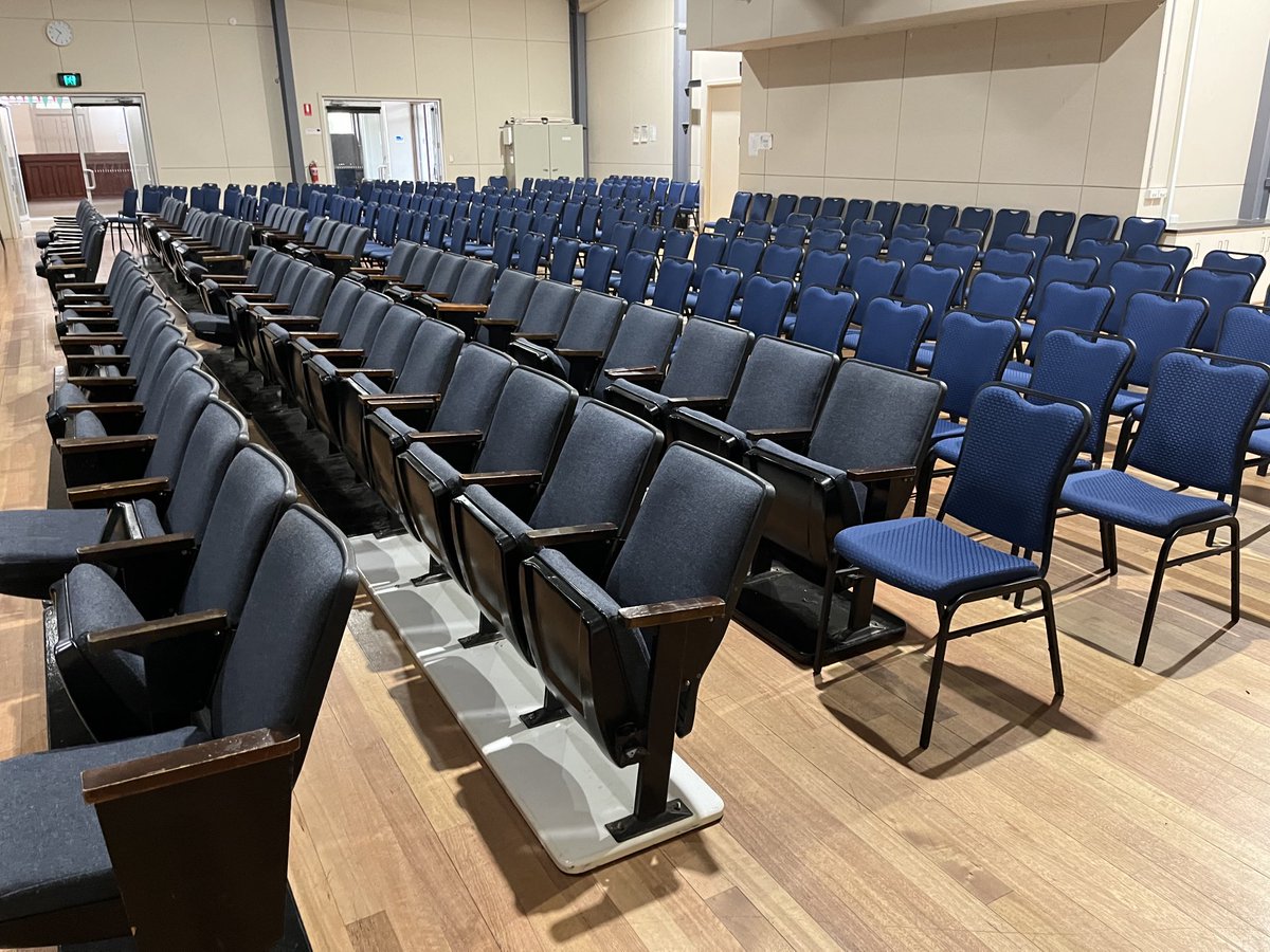 dginnivan's tweet photo. Chairs and more chairs.. the Yack Town Hall in all its glory (the workers not so much!) in preparation for the 23rd? Yackandandah Folk Festival this  coming weekend. Music makes change! ⁦@Events_Matter⁩ #loverural https://t.co/SBYvDU8nbb