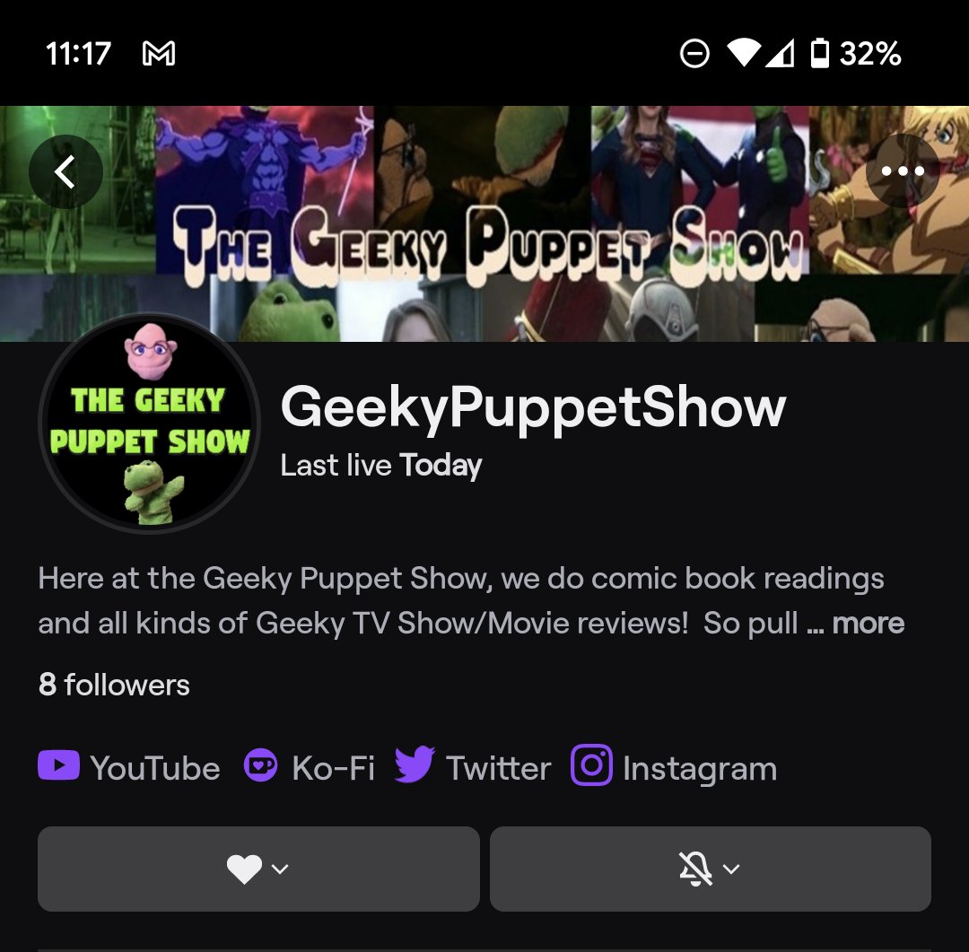 I just subscribed to the Geeky Puppet Show on Twitch. Come join us!