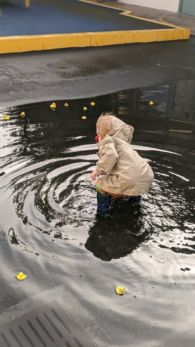 PreSchoolFamily's tweet photo. What do you do when the infant/toddler play yard fills with a fun puddle? Well, you add cute little people, ducks and boats and oh so much fun! The squeals of joy, laughter and giggles from adults and observers = a fantastic day! 

#learningthroughplay
#toddlerlife
#waterplay https://t.co/g4onScbSwz
