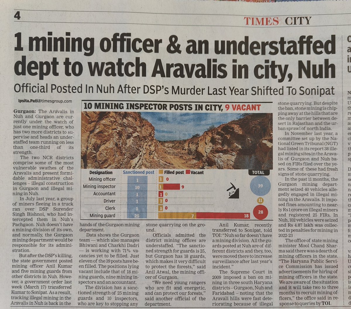 IpsitaTOI's tweet photo. One mining officer &amp; an understaffed dept to protect #Aravalis in Nuh &amp; Gurgaon

@rahuulchoudhary
@yamunajiye
@moolchandbjphry
@AravalliBachao

Read the full story here 
 https://t.co/hyDV5GWOSs via @timesofindia https://t.co/O9bC0pmcBP