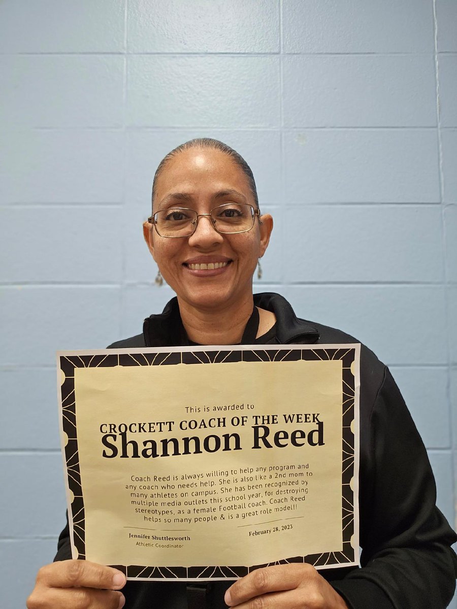 Congratulations to Shannon Reed - our Coach of the Week!! As a female Football coach, she is breaking down barriers. She is always willing to help out other coaches &amp; teams on campus. Many of her athletes view her as a 2nd mom. <a href="/shannonrhreed/">Coach Shannon Reed</a> is a treasure! <a href="/AustinCrockett/">Crockett ECHS</a>