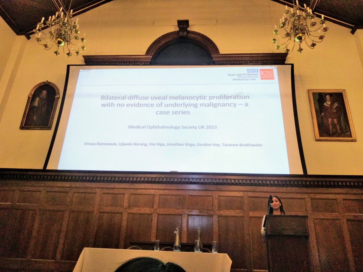 tasbraithwaite's tweet photo. Is #BDUMP (bilateral diffuse uveal melanocytic proliferation) ALWAYS paraneoplastic? We hypothesise not! Dr Shivaa Ramsewak presented two #MEU @GSTTnhs posterior uveitis cases. >5y follow-up. No cancer. 4 cases in literature with no cancer sharing similar mild phenotype #MOSUK https://t.co/sBjt6wip87