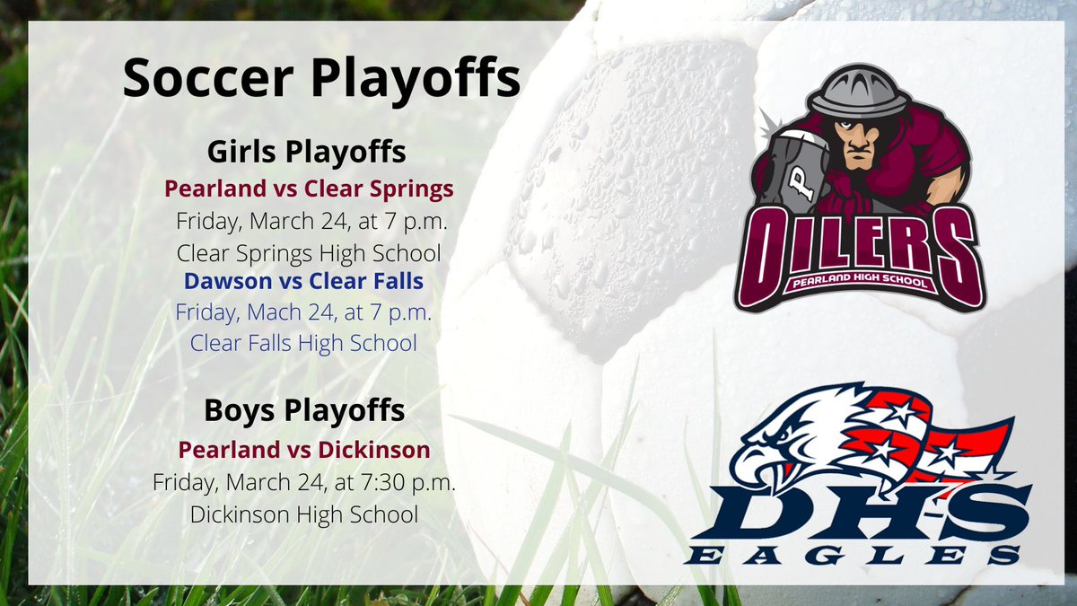 PearlandISD's tweet photo. โฝ๐ฅ
Be sure to cheer on our Pearland ISD soccer teams Friday, March 24! ๐ฅ
โฝ
Click here for ticket information: https://t.co/jhFs0YKHcH https://t.co/s99QETT1r0