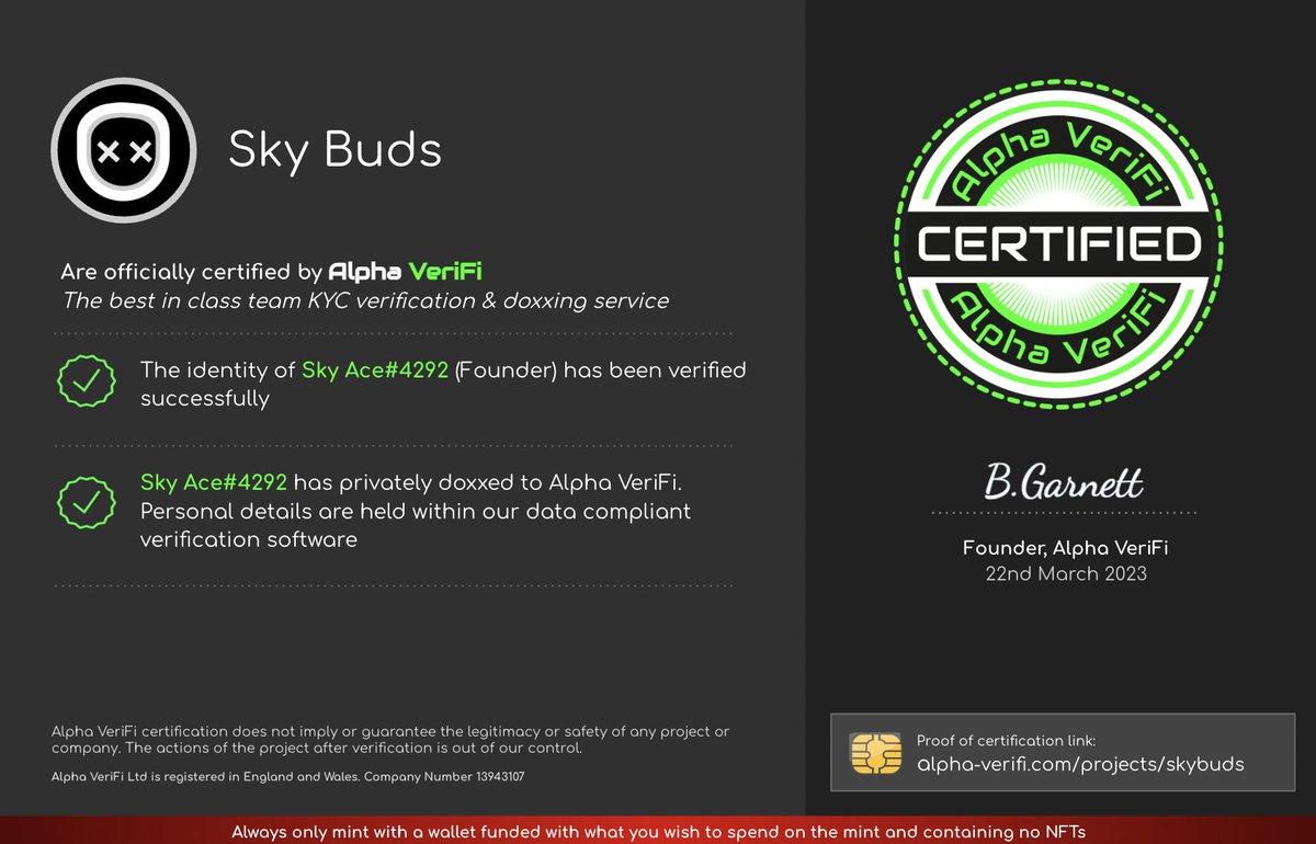 Alpha Labs - Best-in-class KYC and Doxxing (@alphalabs_nft) on Twitter photo Congratulations Sky Buds !
<a href="/SkyBudsNFT/">Sky Buds ⛅️</a>
Now officially certified by Alpha VeriFi, the best in class KYC verification and doxxing service from Alpha Labs.
alpha-verifi.com/projects/sky-b…
#DoxxedTeam #NFTProject Congratulations Sky Buds !
<a href="/SkyBudsNFT/">Sky Buds ⛅️</a>
Now officially certified by Alpha VeriFi, the best in class KYC verification and doxxing service from Alpha Labs.
alpha-verifi.com/projects/sky-b…
#DoxxedTeam #NFTProject
