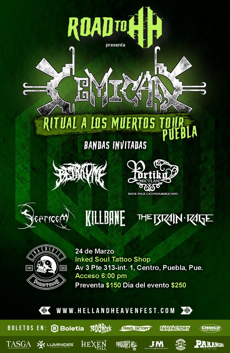 ¡PUEBLA!
Guerreros nos vemos el próximo viernes en el 
🔥Ritual a los muertos tour 🔥 #RoadtoHell <a href="/HHMETALFEST/">HELL AND HEAVEN FEST</a>
Estaremos junto a grandes bandas 
🤘🏻🇲🇽🤘🏻:

💀Portiko Mictlan 
💀BETRAYME 
💀Septicem Mx 
💀KILLBANE 
💀The Brain Rage 

¿Listos para el #ritual ? <a href="/CEMICANband/">Cemican</a>