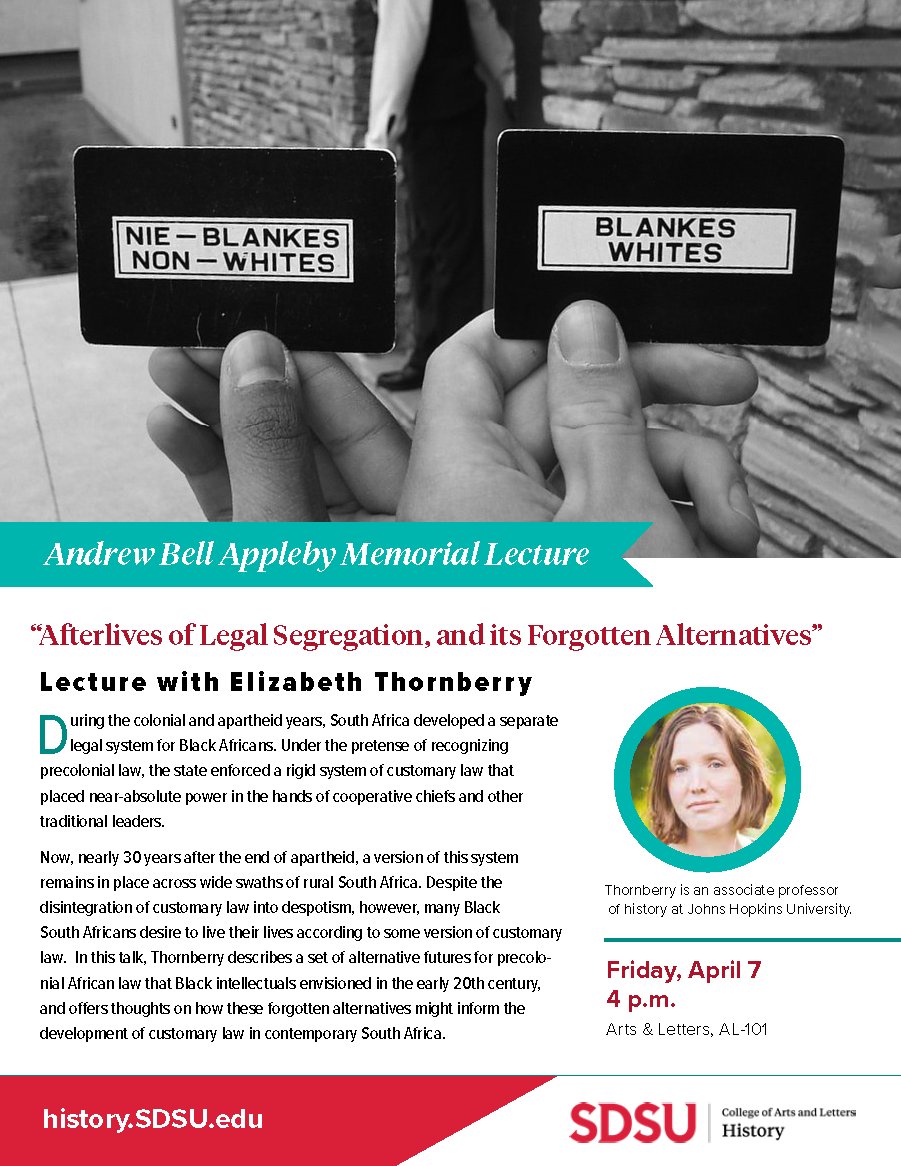 AbikalB's tweet photo. We feel deeply honored that Professor Elizabeth Thornberry @lizthornberry, Associate Professor of History at Johns Hopkins @JHU_History will deliver this year's Andrew Bell Appleby Memorial Lecture at San Diego State University @SDSU. https://t.co/vuNF1ODt7i