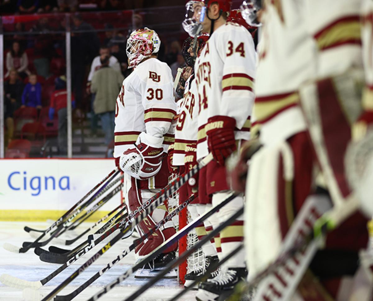UofDenver's tweet photo. It’s business as usual for the University of Denver hockey team—with a twist.
They open the NCAA Tournament against Cornell on Thursday in Manchester, New Hampshire, as the top seed in the region. 
Read more here:  https://t.co/mGSGDRitaE https://t.co/GFkPY9RArS