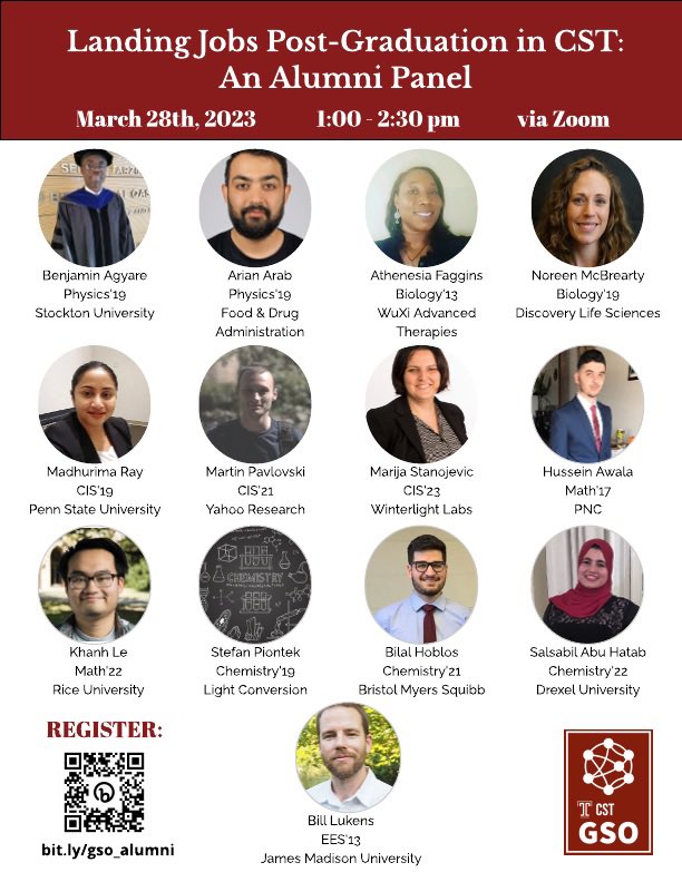 hannahincompbio's tweet photo. CST-GSO presents 
🦉 Landing Jobs Post-Graduation in CST: An Alumni Panel 🎓
featuring Temple CST alumni in academia and industry from all six departments.
📌 Target: Graduate students in CST
📌 Registration: https://t.co/VyxrLaf51X
@CST_TempleU @TempleUniv https://t.co/SIcFhmQgJm
