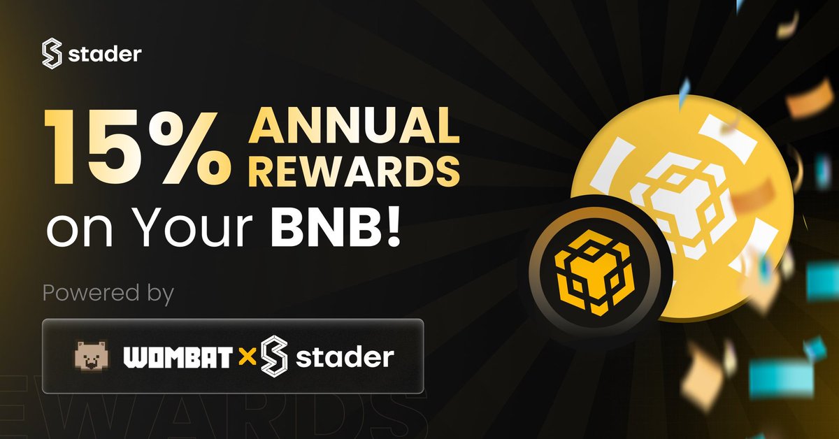 NoNtranab's tweet photo. Are you using your BNB to earn up to 15% Annual Rewards?

Here's how👇
1⃣Stake #BNB    with Stader &amp; Mint $BNBx to earn ~4% staking APY
2⃣Add BNBx to $BNBx Pool on @WombatExchange  &amp; earn ~11% defi APR

Stake now 👉https://t.co/iik5ah3ICv https://t.co/NjUFZDX4I5