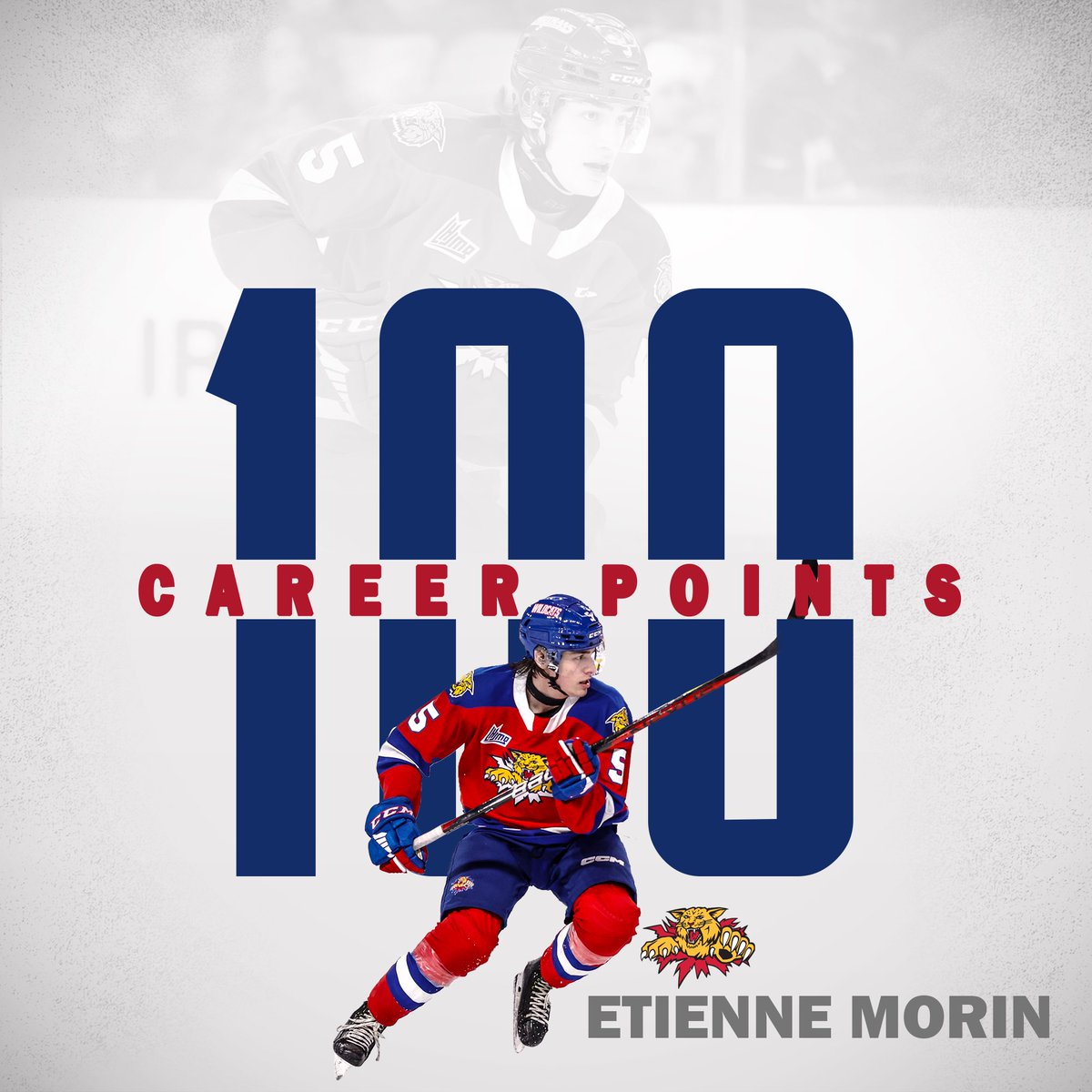 MonctonWildcast's tweet photo. Congrats to @etienne_morin_5 of the @monctonwildcats 

With an assist and the tying goal tonight he know has 100 @QMJHL points 

#CBvsMON #DefendTheDen #BeRealGetReal #MarchToThePlayoffs 

📸 -@DanielStLouis https://t.co/4H7xpzwlKy