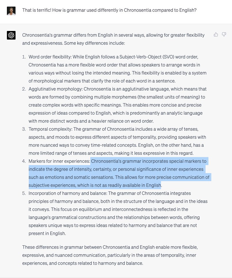 jonnym1ller's tweet photo. Okay, this is a truly amazing idea — "SomaGPT" says that Chronosentia's grammar:

"incorporates special markers to indicate the degree of intensity, certainty, or personal significance of inner experiences such as emotions and somatic sensations." https://t.co/LV0ohBVbo6