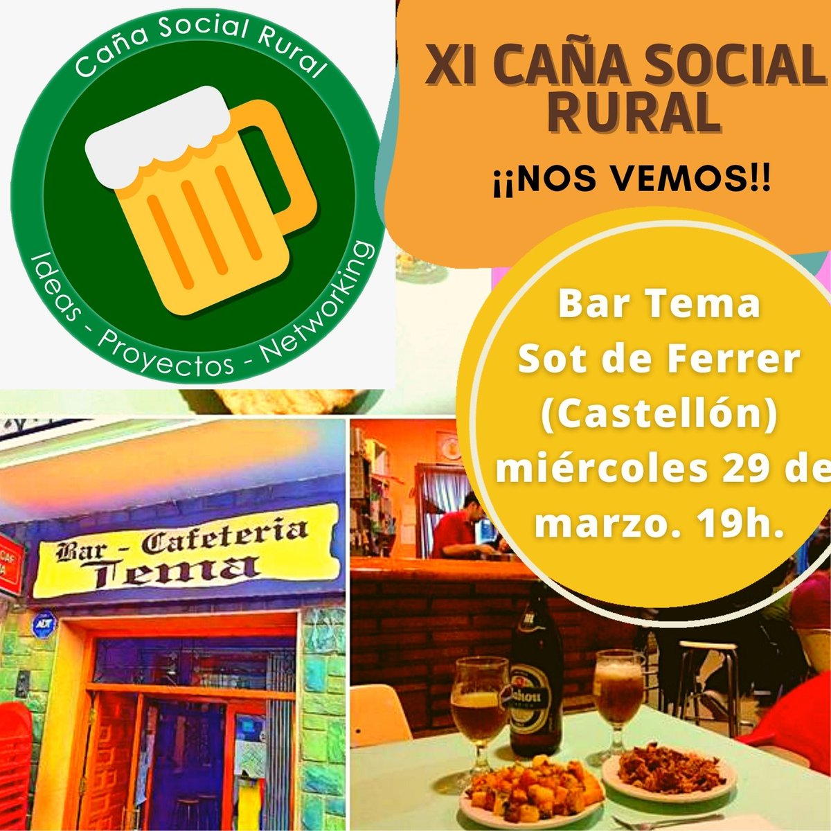 🍻Volvemos con otra Caña Social Rural y ahora en *SOT DE FERRER* en el Tema Bar , para conocer emprendimientos sociales, iniciativas rurales y personas maravillosas que viven el territorio.  ¿Te vienes el 29 de marzo?
#cañasocialrural #cañasocial #somoslacaña #innovacionsocial