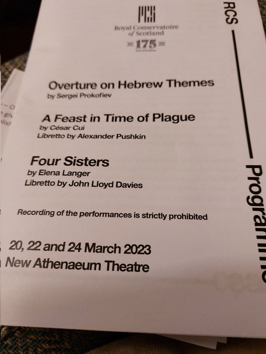 Excellent Russian Opera Double Bill <a href="/RCStweets/">Royal Conservatoire of Scotland</a> 1665 Plague ridden London and a modern grasping family of sisters in New York. What about the Russian Princess? Last chance to catch it on Friday.