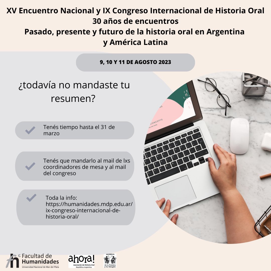 📣Atención! si todavía no enviaste tu resumen para el congreso... tenés ⏰ hasta el 31 de marzo!!!! 
📩 Mandalo por mail a lxs coordinadores de la mesa que elegiste y al mail de la organización del congreso ✍️
Vamos que falta poco para reencontrarnos en Mar del Plata 💪