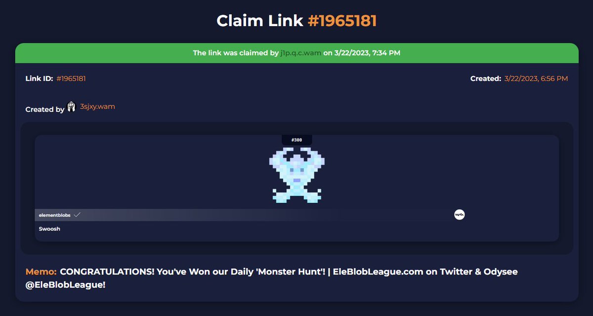 EleblobLeague's tweet image. 🥳CONGRATULATIONS TO TODAYS &apos;MONSTER HUNT&apos; LOOT BOX&apos; WINNER!  🎁===👀

Good Luck to Everyone Next Time.... 👍

😃MAKE SURE YOU&apos;RE NOT MISSING OUT ON THE HUNT &amp;amp; DOWNLOAD IMMERSYS TODAY!

🏟 immersys.io/game-download/

#EleBlob
#Immersys
#EleBlobNFT
#EleBlobLeague