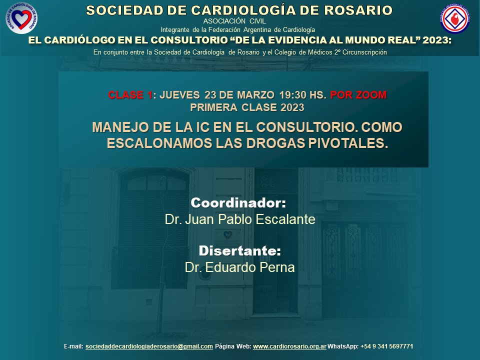 Sociedad de Cardiología de Rosario (@cardiorosario) on Twitter photo 📌 Curso: "EL CARDIÓLOGO EN EL CONSULTORIO, DE LA EVIDENCIA AL MUNDO REAL". Clase 1.
🗓️ Jueves 23/03/2023
⏰ 19:30 hs
📍 MANEJO DE LA IC - CÓMO ESCALONAMOS LAS DROGAS PIVOTALES.
Coordinador: <a href="/escalante_juanp/">Juan Pablo Escalante</a>
Disertante: <a href="/EduardoPerna1/">Eduardo Perna</a>
Inscribíte 👇 us02web.zoom.us/webinar/regist… 📌 Curso: "EL CARDIÓLOGO EN EL CONSULTORIO, DE LA EVIDENCIA AL MUNDO REAL". Clase 1.
🗓️ Jueves 23/03/2023
⏰ 19:30 hs
📍 MANEJO DE LA IC - CÓMO ESCALONAMOS LAS DROGAS PIVOTALES.
Coordinador: <a href="/escalante_juanp/">Juan Pablo Escalante</a>
Disertante: <a href="/EduardoPerna1/">Eduardo Perna</a>
Inscribíte 👇 us02web.zoom.us/webinar/regist…
