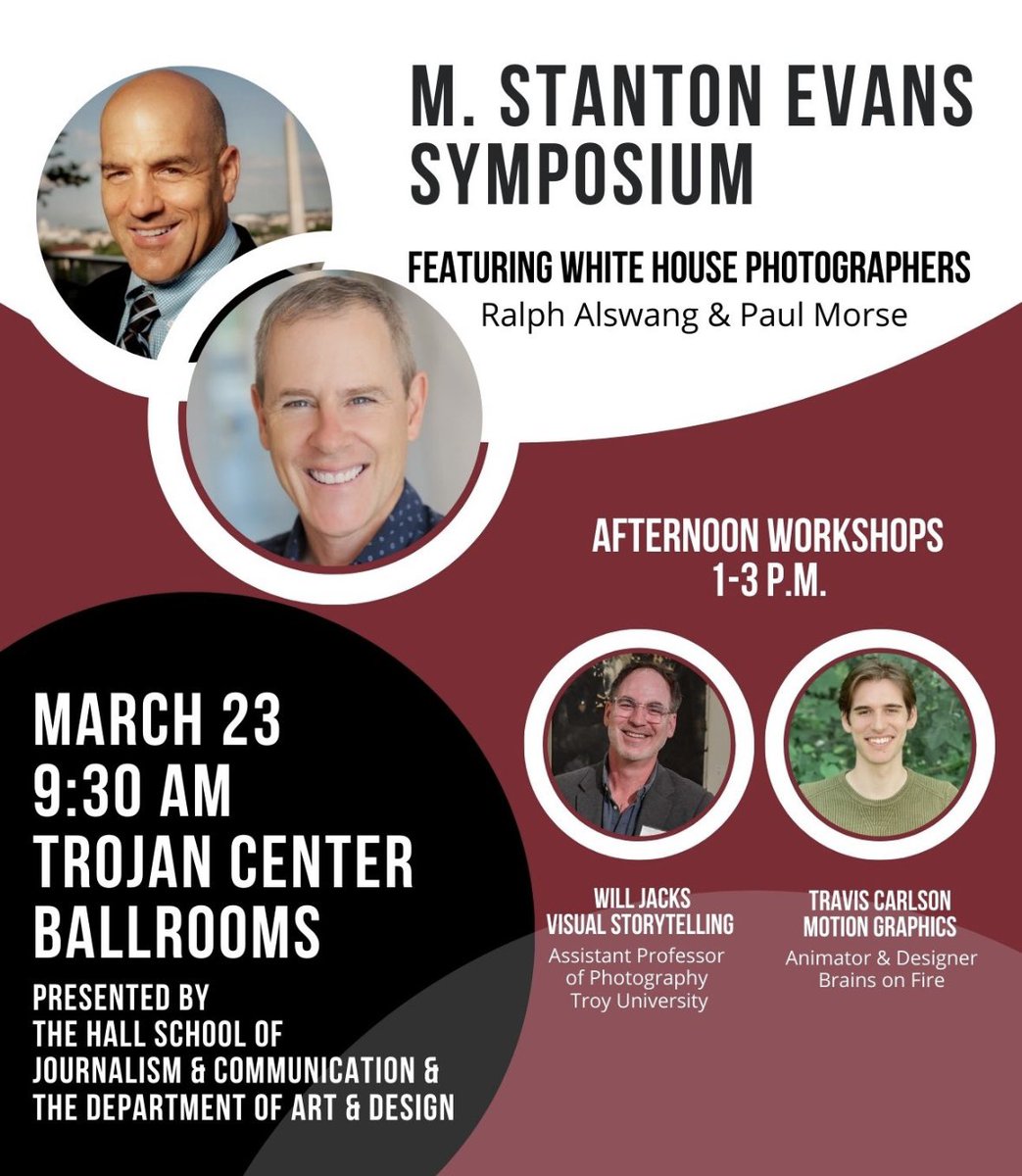 TroyHSJC's tweet photo. Join us tomorrow in the Trojan Center Ballrooms for our annual symposium featuring former #WhiteHouse photographers @PaulMorsePhoto and @AlswangRalph. https://t.co/V6435CZZTX